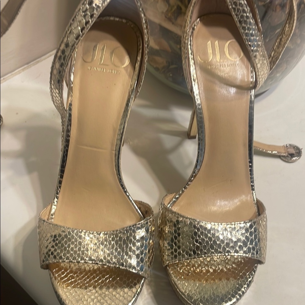 Jennifer Lopez Gold Stiletto Heels with Ankle Strap